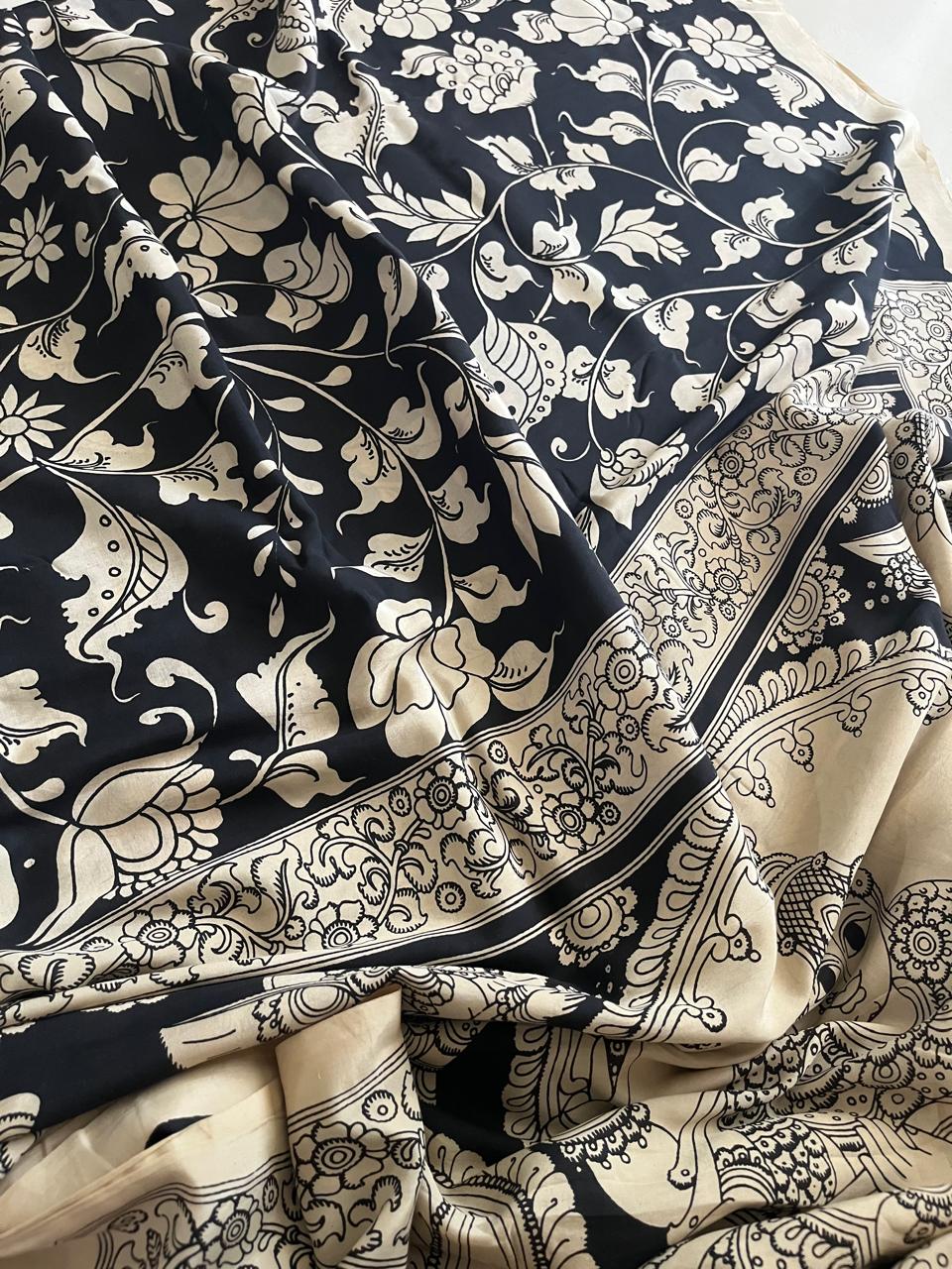 Chenoori Silk Hand Painted Kalamkari Saree - Black and White