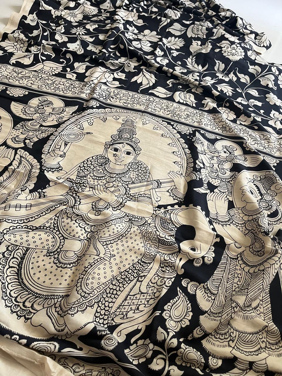 Chenoori Silk Hand Painted Kalamkari Saree - Black and White