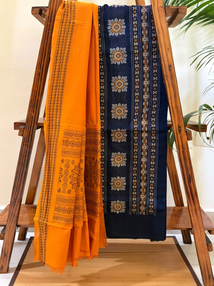 Image of Pure Cotton Handloom Sambhalpuri 3 piece Suits - Blue Kurta