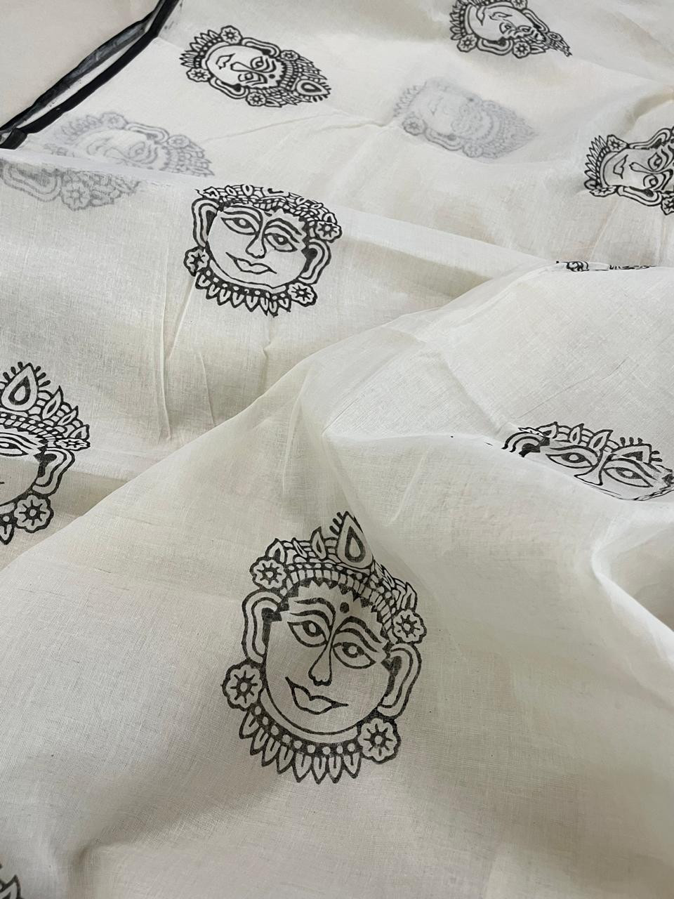 Pure Cotton Handwoven Saree with Handblock Print - Devi Face Print