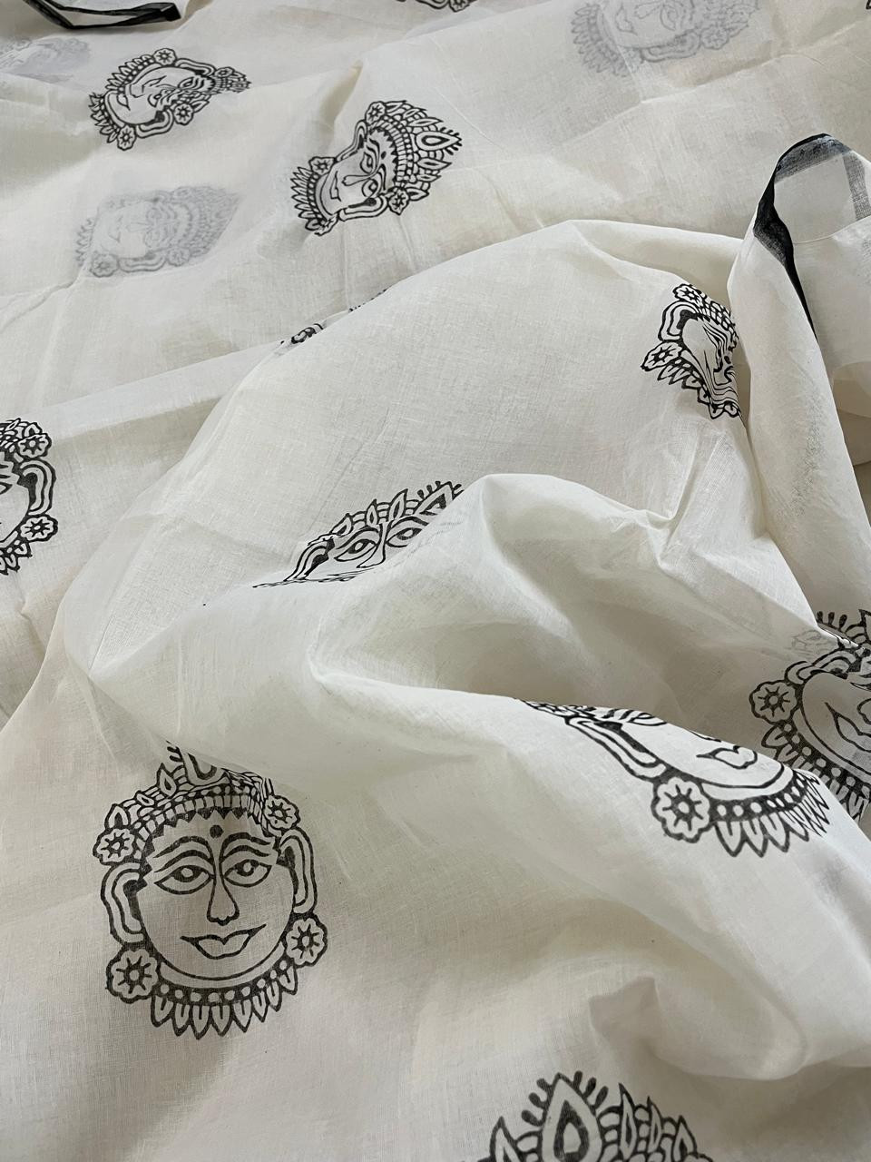 Pure Cotton Handwoven Saree with Handblock Print - Devi Face Print