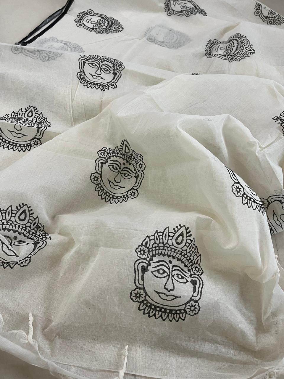Pure Cotton Handwoven Saree with Handblock Print - Devi Face Print