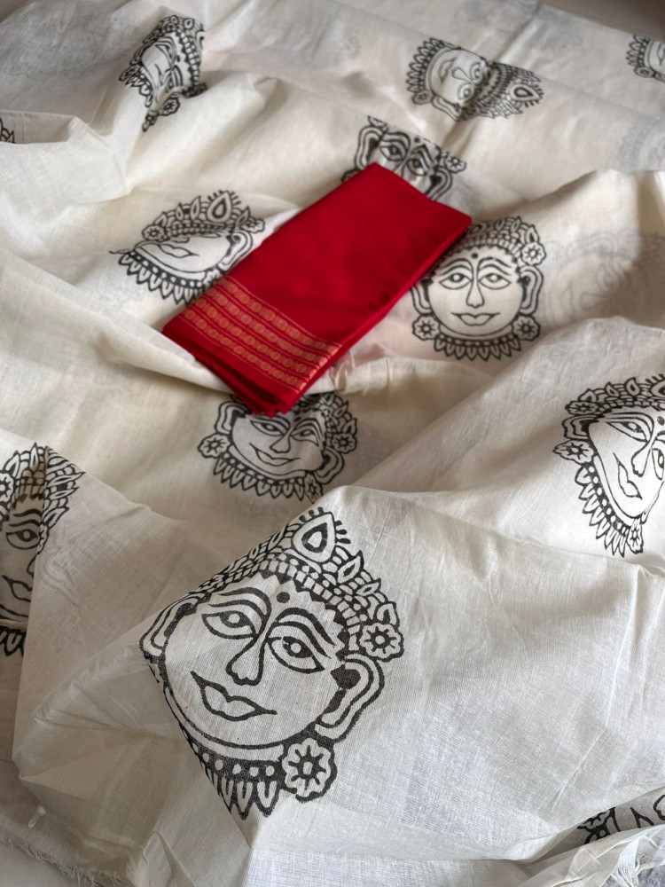 Image of Pure Cotton Handwoven Saree with Handblock Print - Devi Face Print