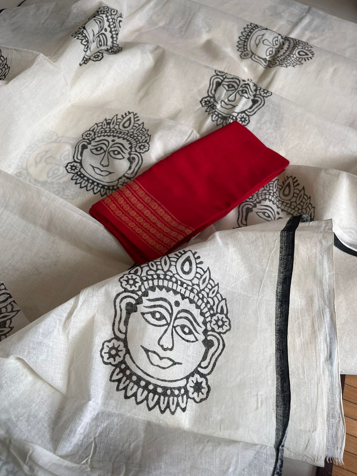 Pure Cotton Handwoven Saree with Handblock Print - Devi Face Print