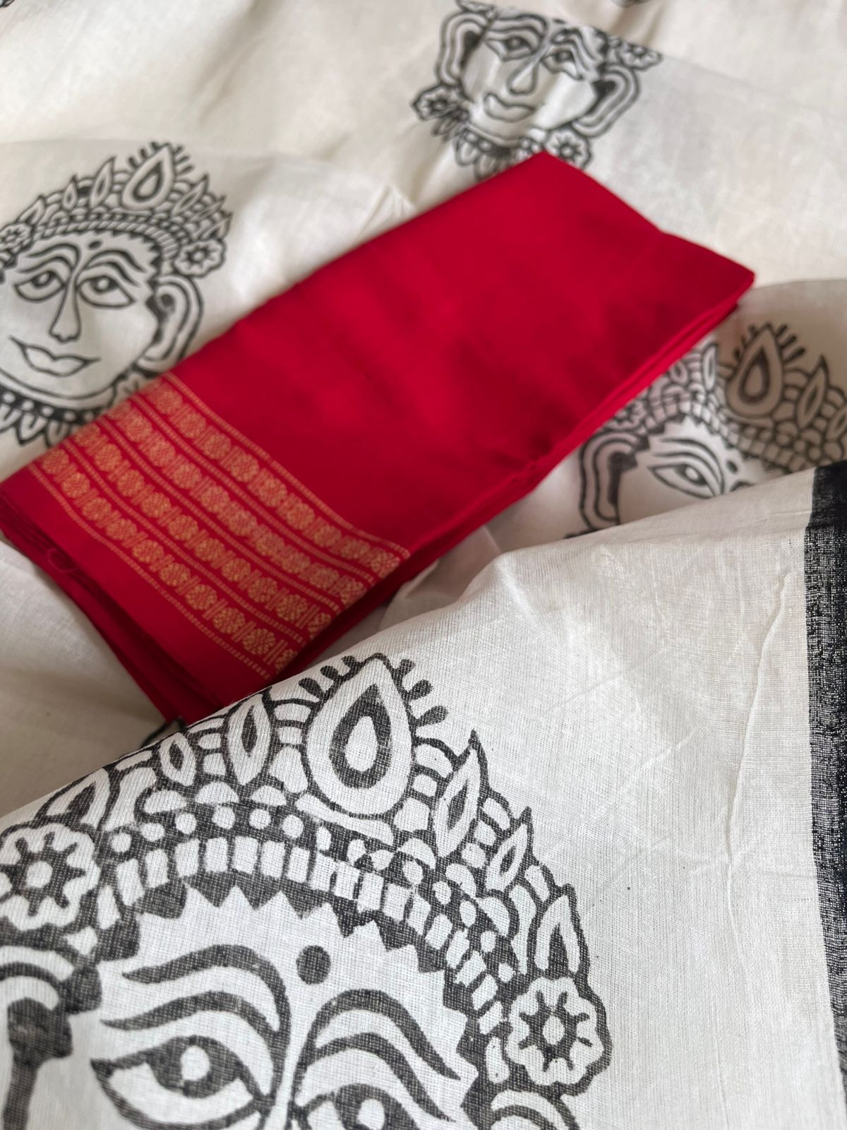 Pure Cotton Handwoven Saree with Handblock Print - Devi Face Print
