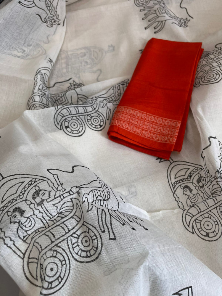 Image of Pure Cotton Handwoven Saree with Handblock Print - Rath Print