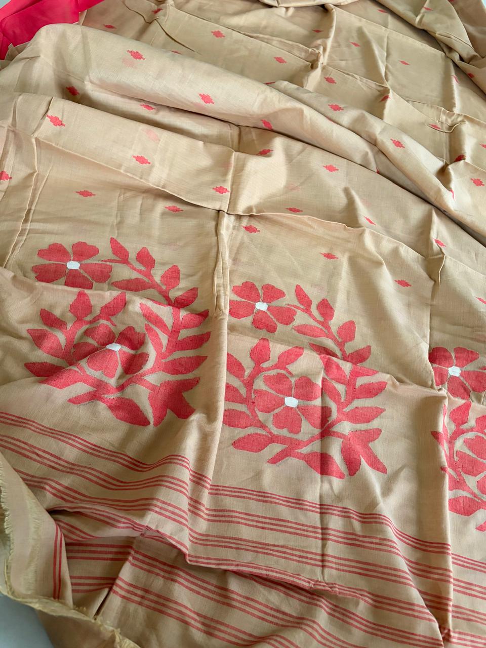 Pure Soft Cotton Jamdani Handloom Saree - Beige