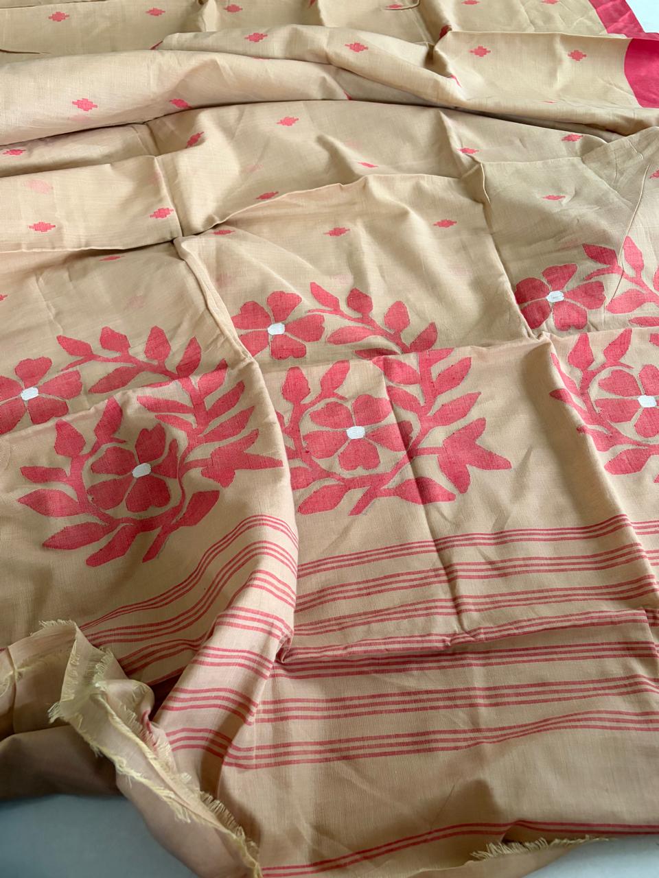 Pure Soft Cotton Jamdani Handloom Saree - Beige