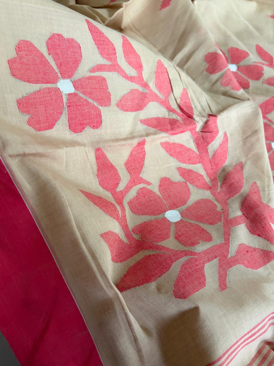 Pure Soft Cotton Jamdani Handloom Saree - Beige
