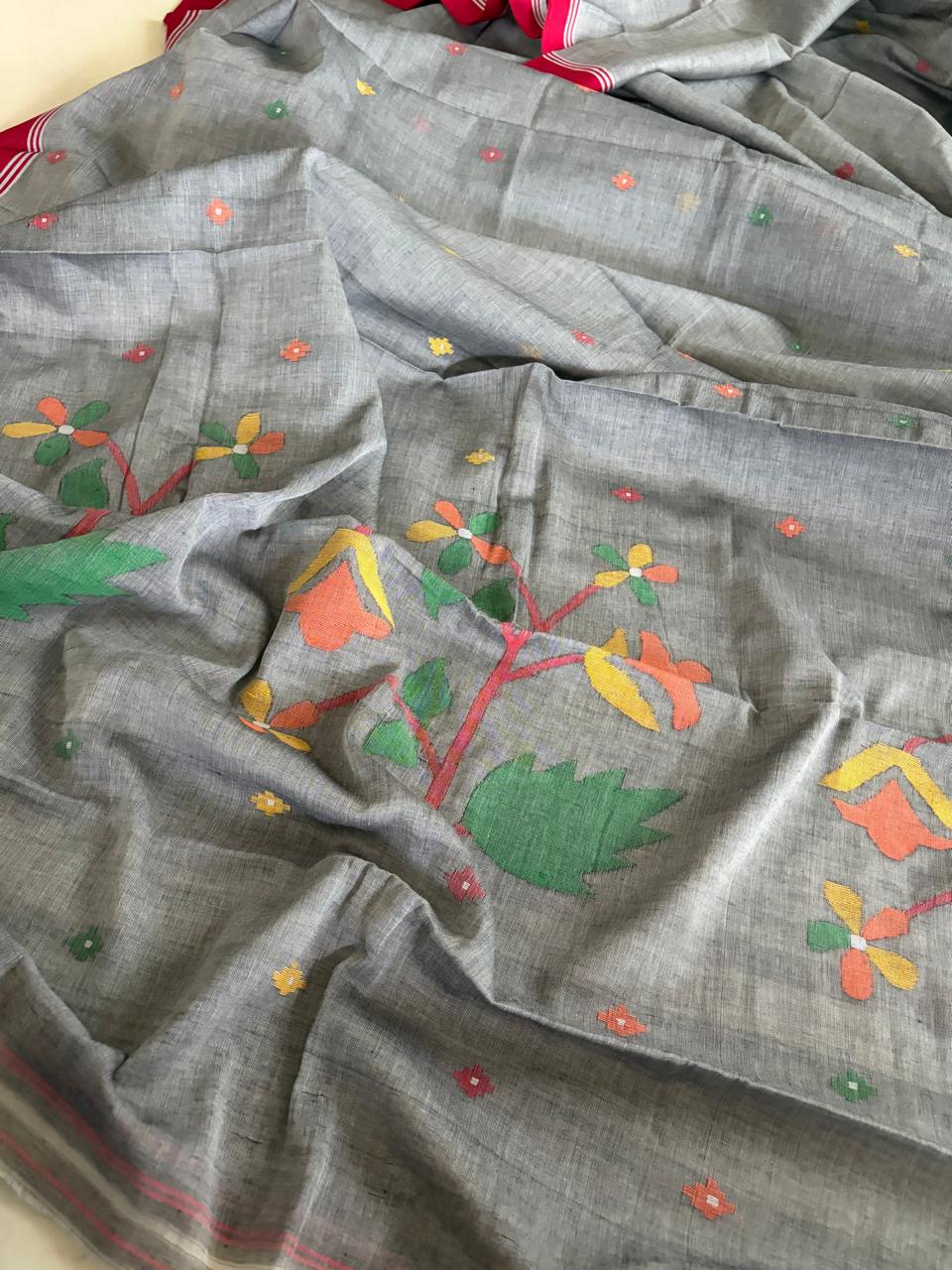 Pure Soft Cotton Jamdani Handloom Saree - Grey