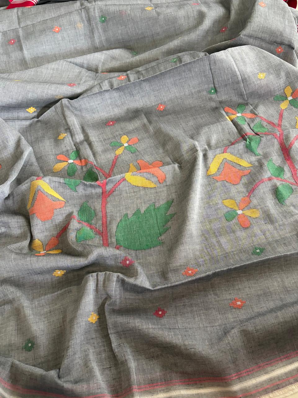Pure Soft Cotton Jamdani Handloom Saree - Grey