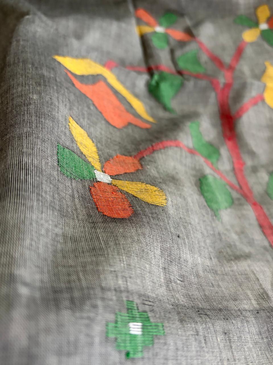 Pure Soft Cotton Jamdani Handloom Saree - Grey