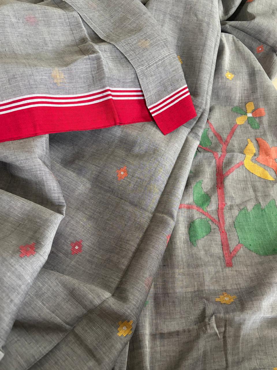 Pure Soft Cotton Jamdani Handloom Saree - Grey
