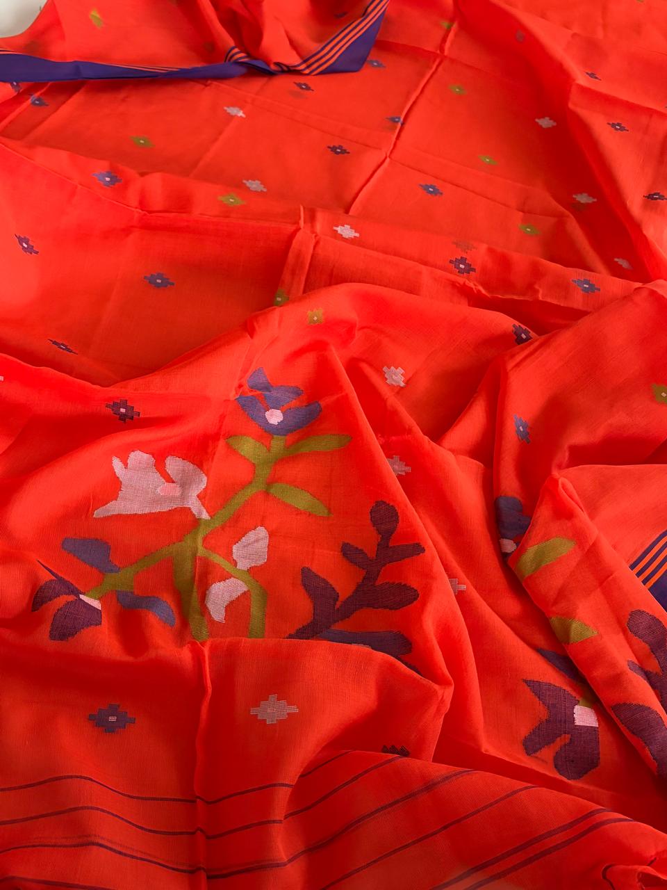 Pure Soft Cotton Jamdani Handloom Saree - Orange