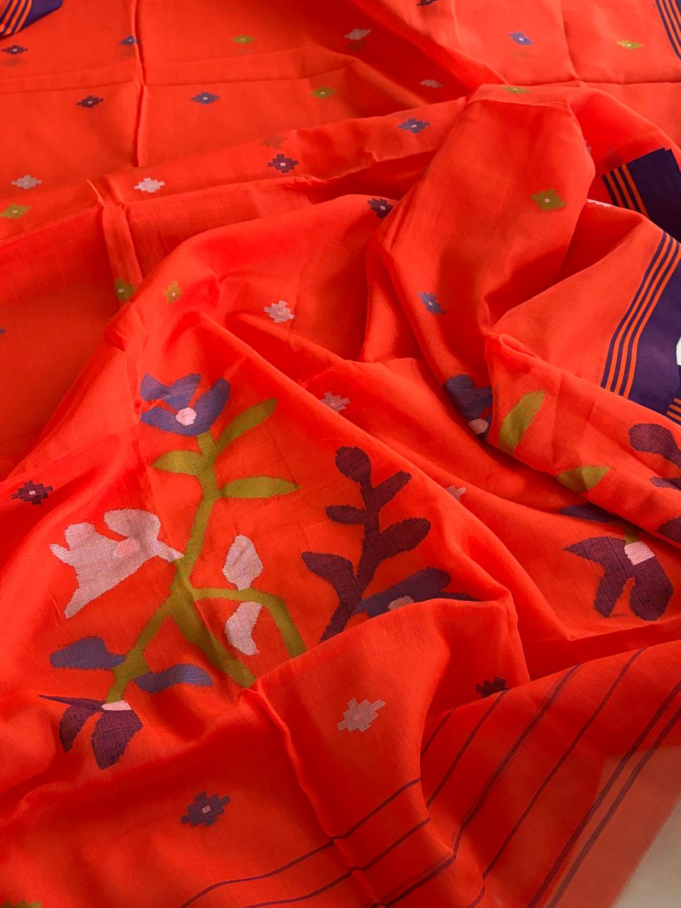 Pure Soft Cotton Jamdani Handloom Saree - Orange