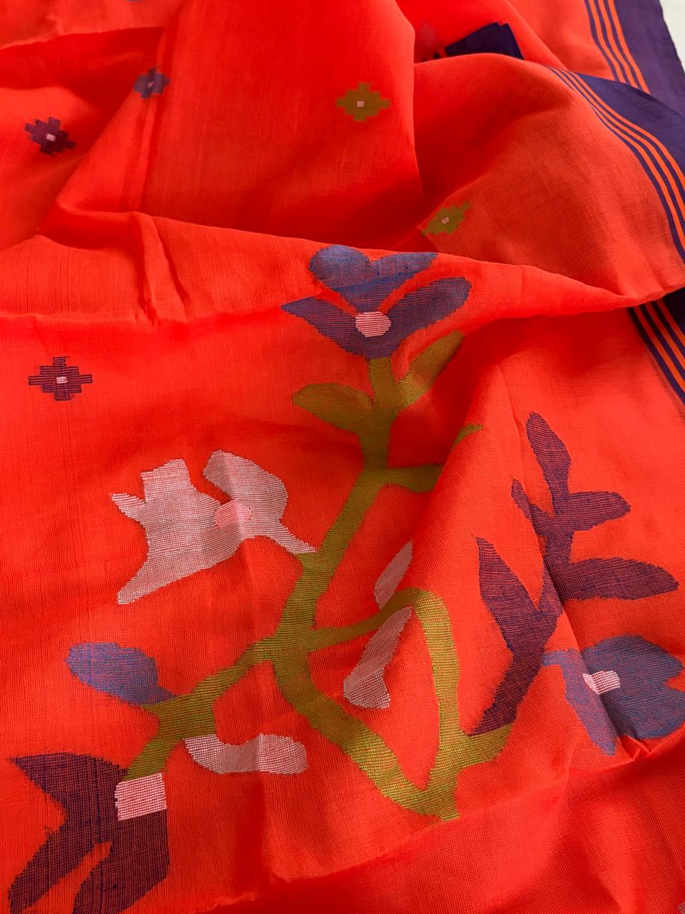 Pure Soft Cotton Jamdani Handloom Saree - Orange