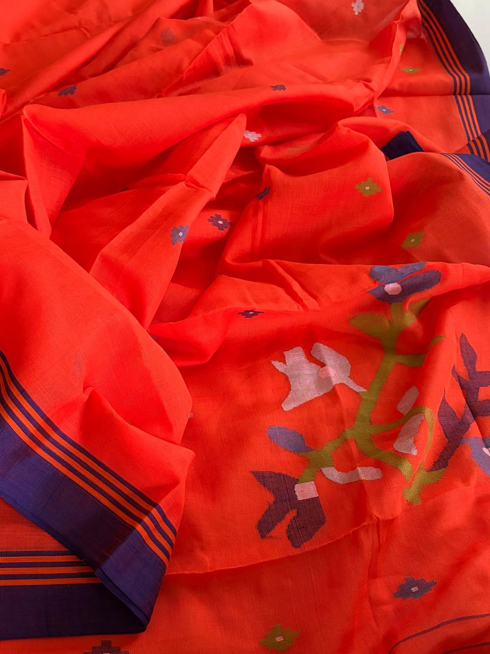 Pure Soft Cotton Jamdani Handloom Saree - Orange