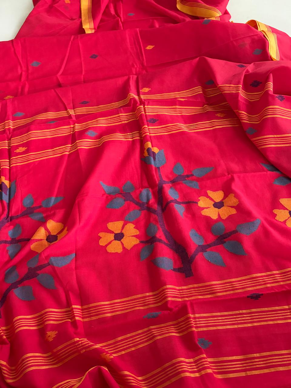 Pure Soft Cotton Jamdani Handloom Saree - Red