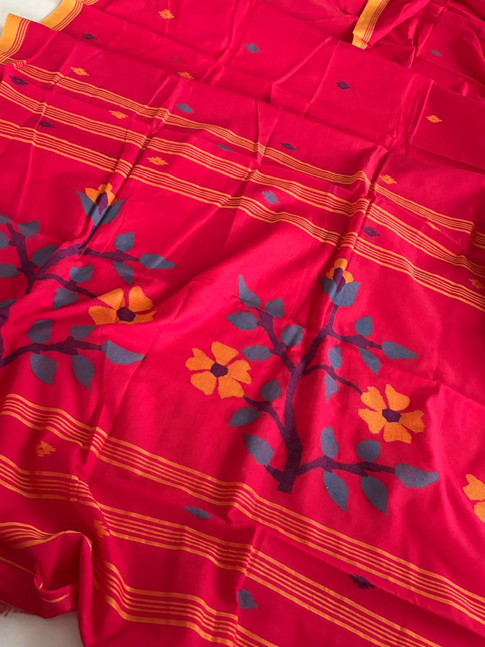 Pure Soft Cotton Jamdani Handloom Saree - Red