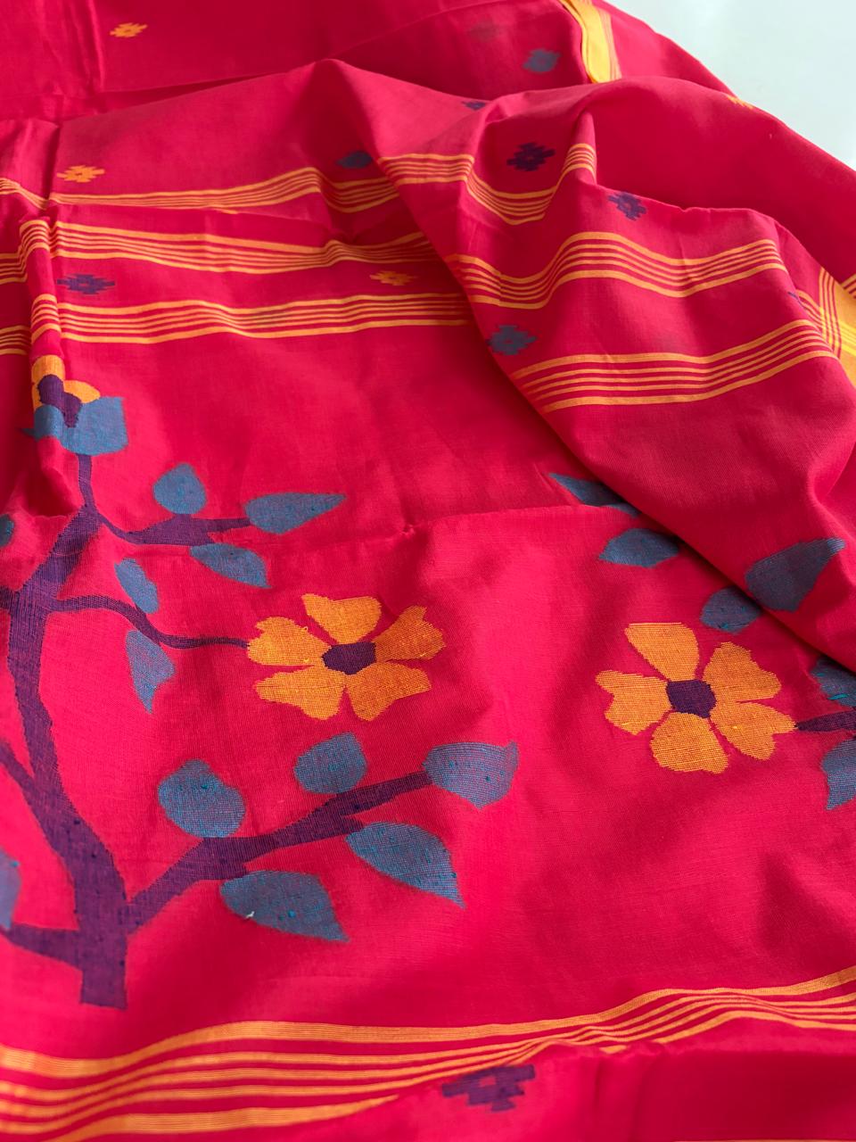 Pure Soft Cotton Jamdani Handloom Saree - Red