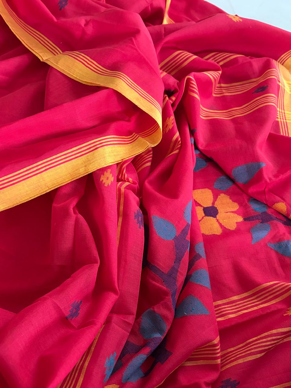 Pure Soft Cotton Jamdani Handloom Saree - Red