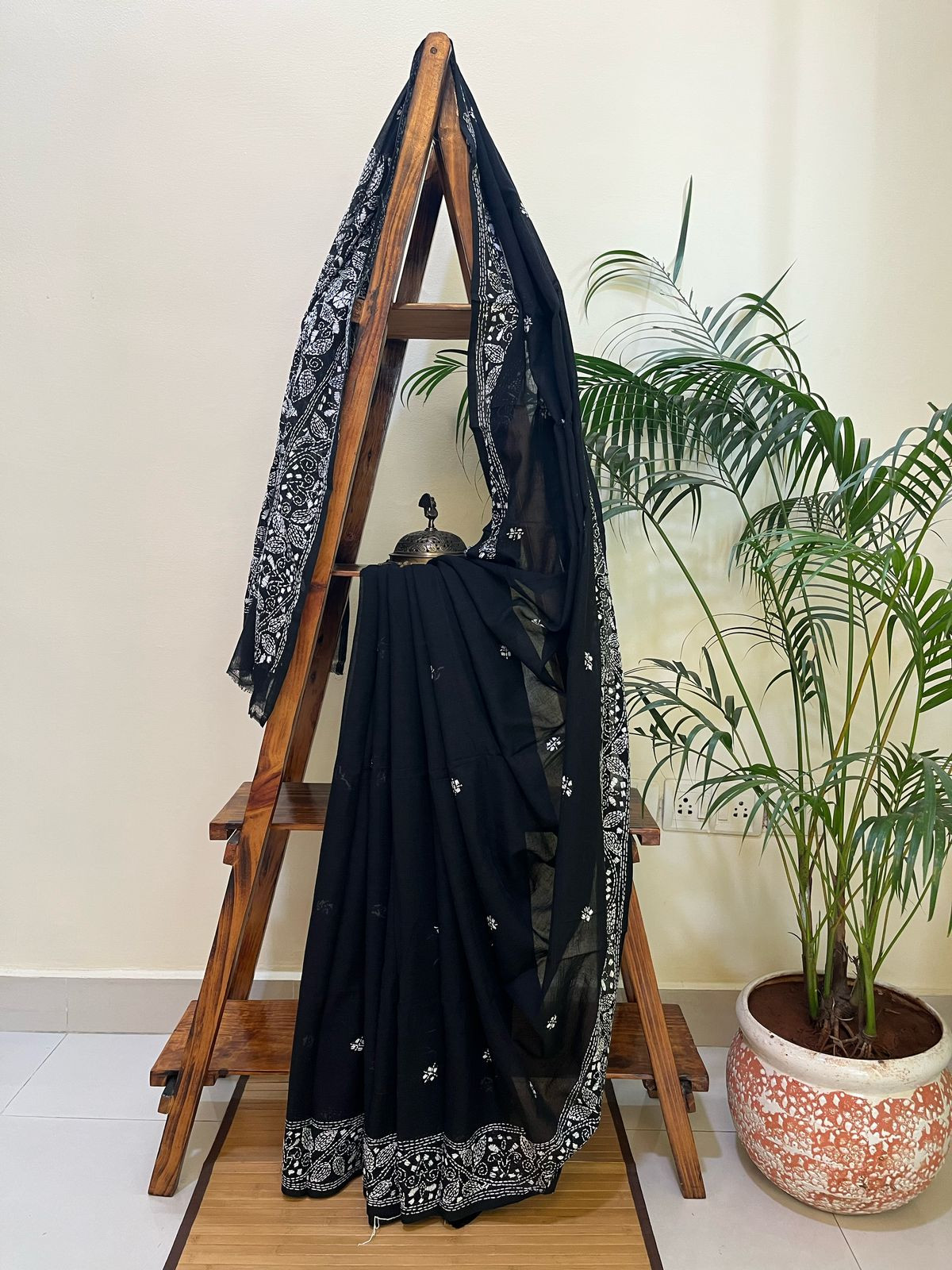 Beautiful Pure Cotton Saree with Hand Embroidered Kantha Work - Black