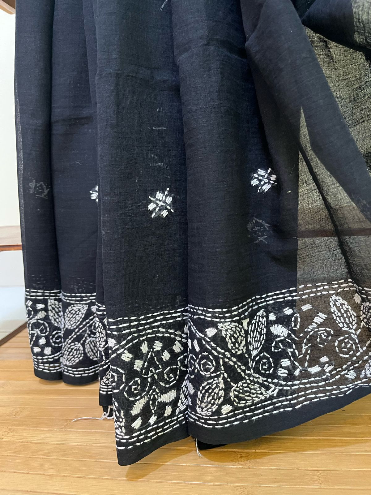 Beautiful Pure Cotton Saree with Hand Embroidered Kantha Work - Black
