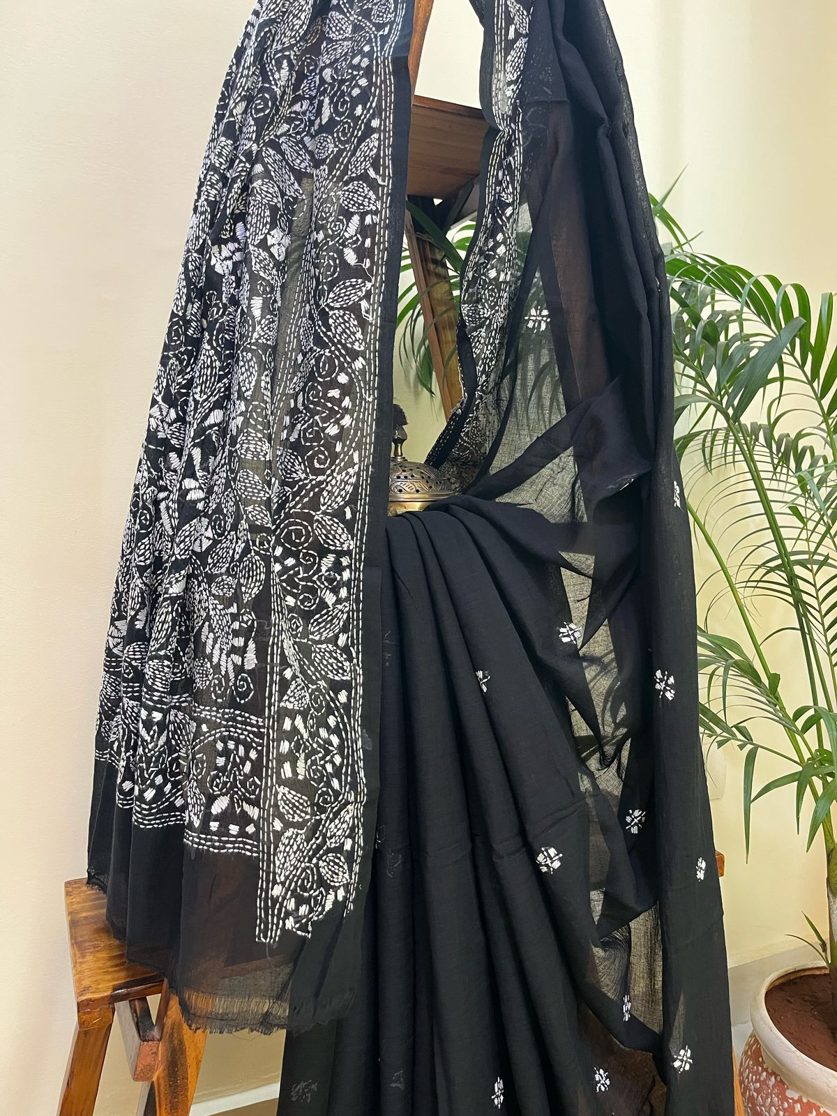 Beautiful Pure Cotton Saree with Hand Embroidered Kantha Work - Black