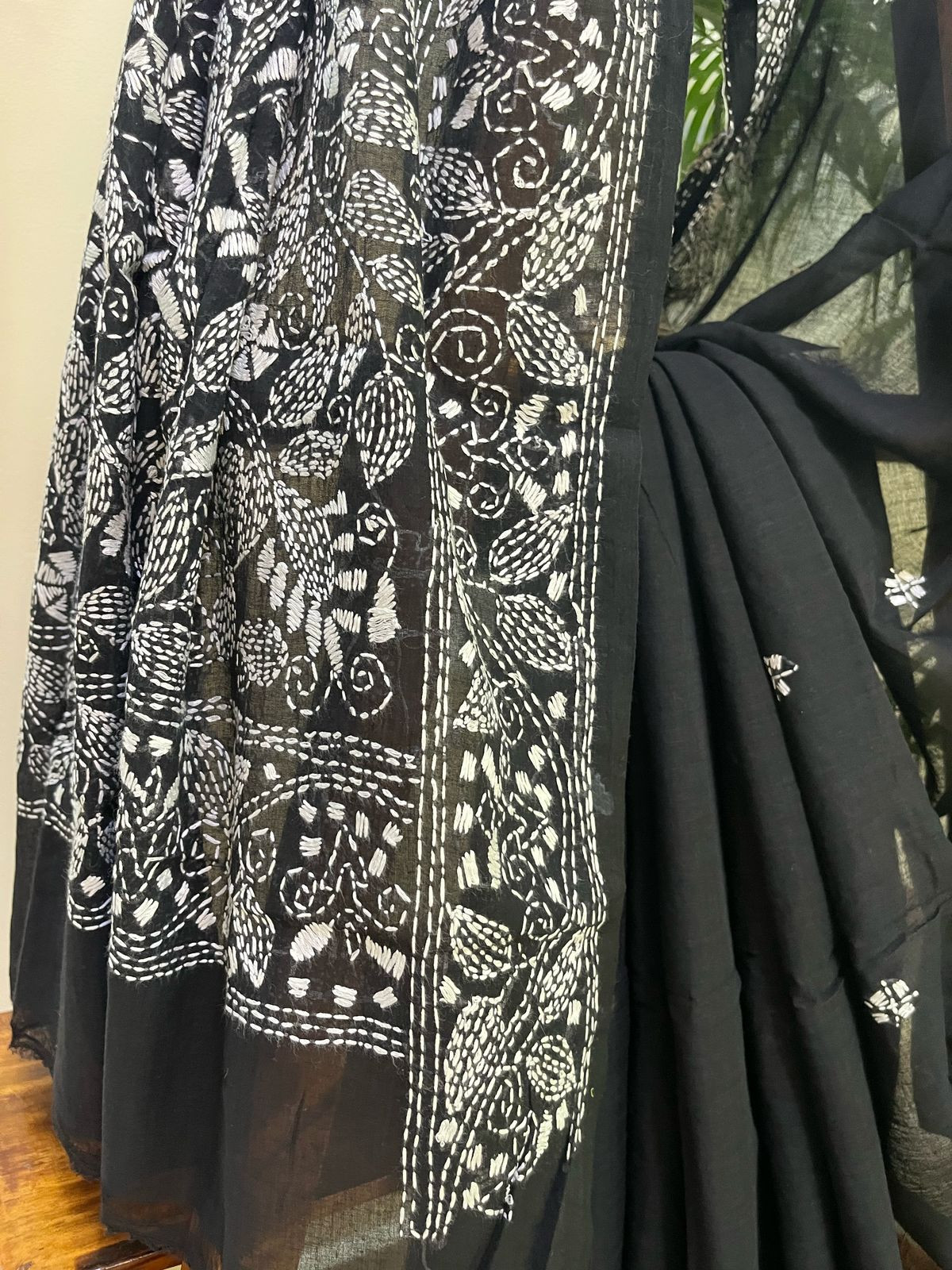 Beautiful Pure Cotton Saree with Hand Embroidered Kantha Work - Black