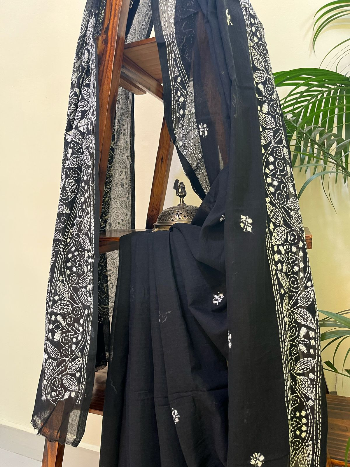 Beautiful Pure Cotton Saree with Hand Embroidered Kantha Work - Black