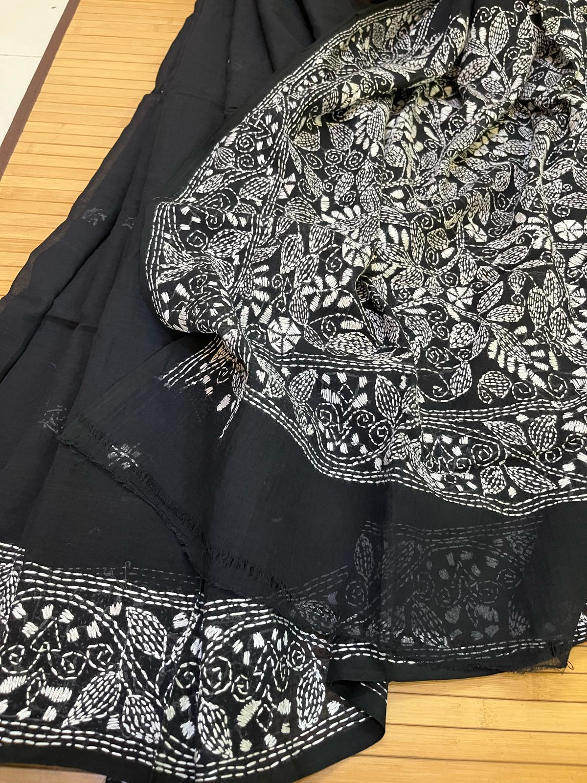 Beautiful Pure Cotton Saree with Hand Embroidered Kantha Work - Black