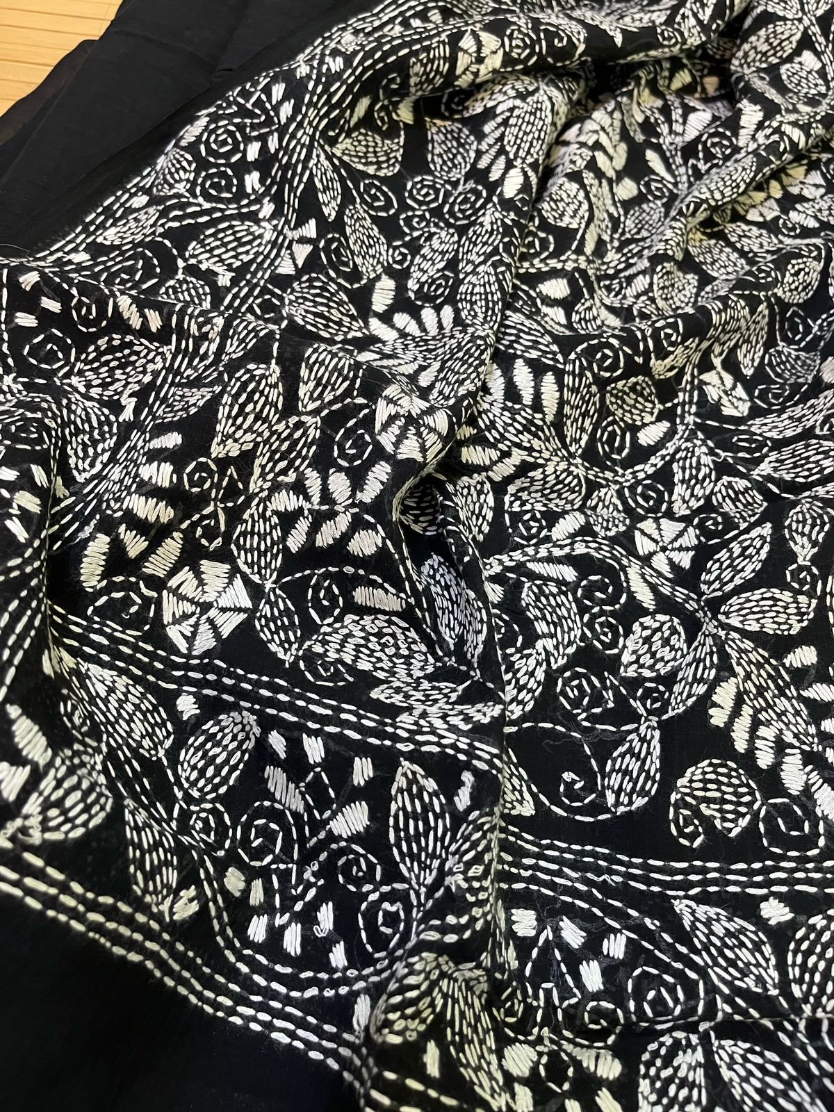 Beautiful Pure Cotton Saree with Hand Embroidered Kantha Work - Black