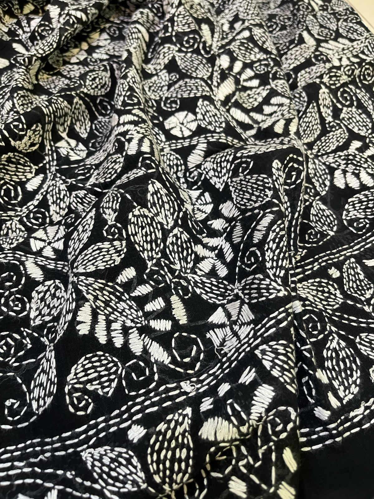 Beautiful Pure Cotton Saree with Hand Embroidered Kantha Work - Black