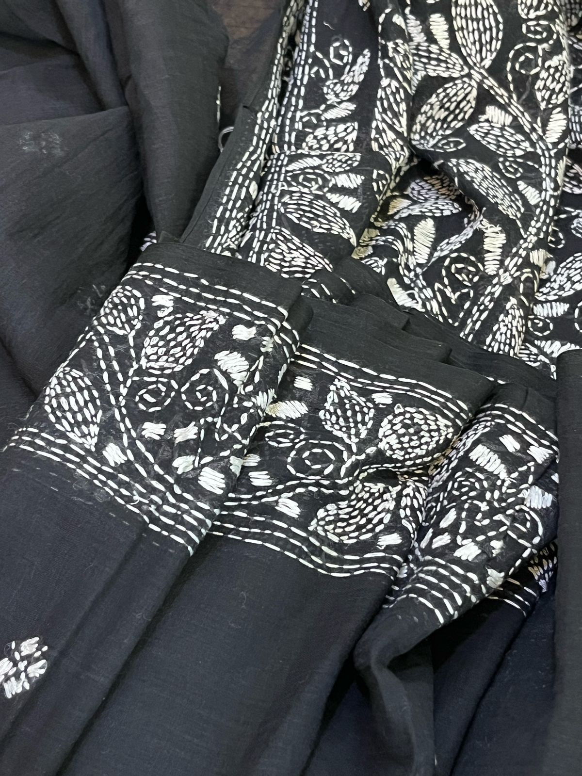 Beautiful Pure Cotton Saree with Hand Embroidered Kantha Work - Black