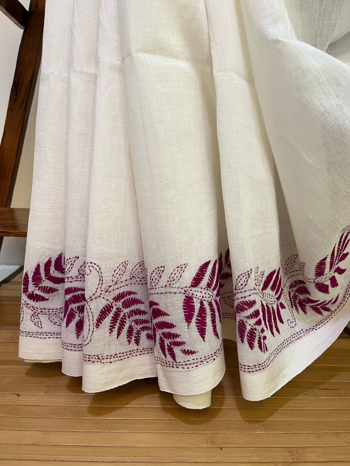 Beautiful Pure Cotton Saree with Hand Embroidered Kantha Work - White