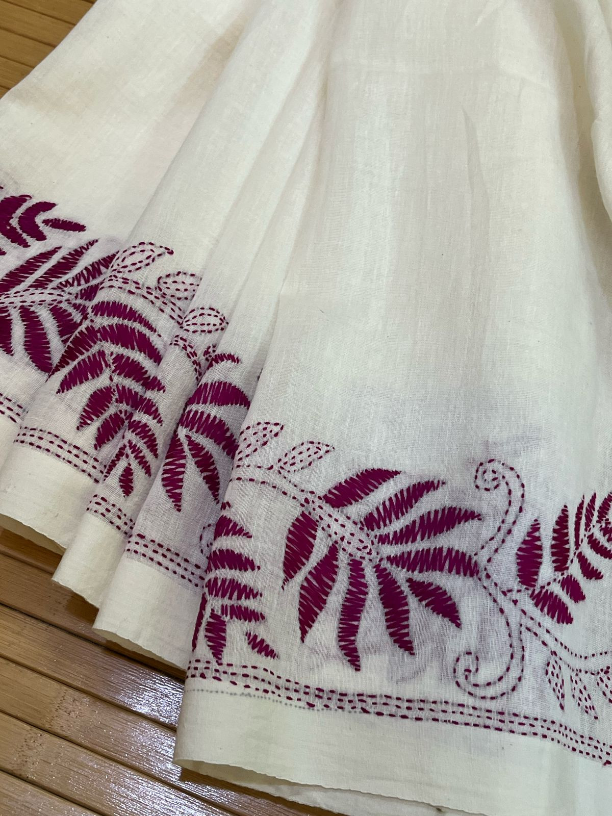 Beautiful Pure Cotton Saree with Hand Embroidered Kantha Work - White