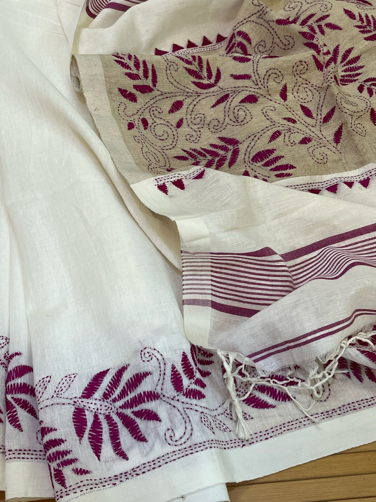 Beautiful Pure Cotton Saree with Hand Embroidered Kantha Work - White