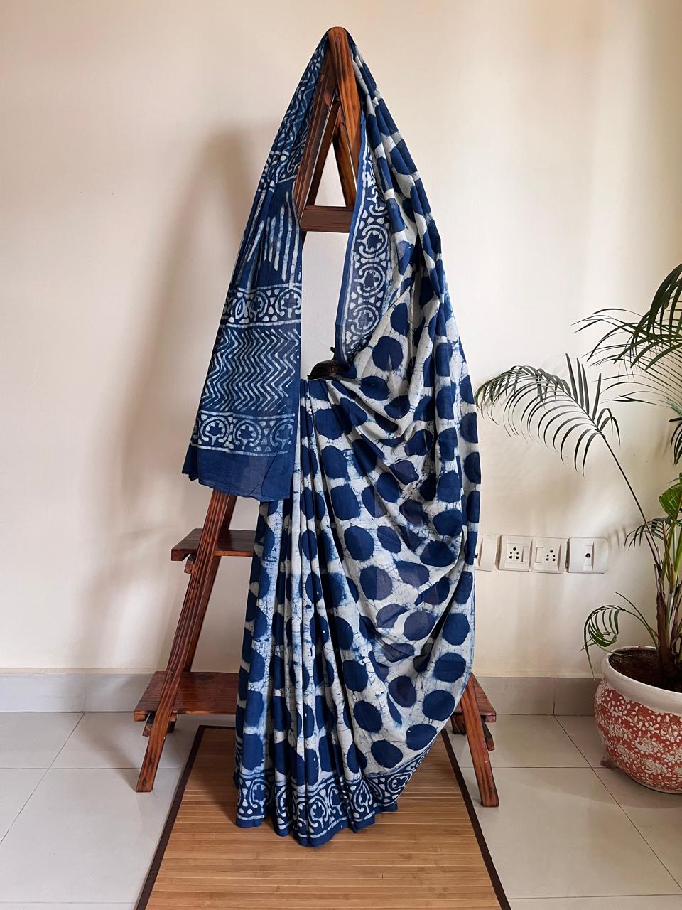 Pure cotton sarees with handblock prints - Indigo