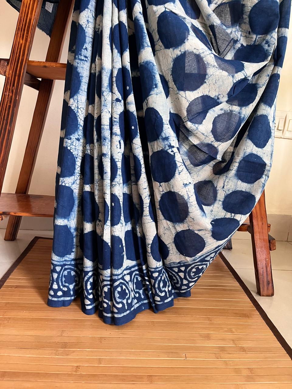 Pure cotton sarees with handblock prints - Indigo