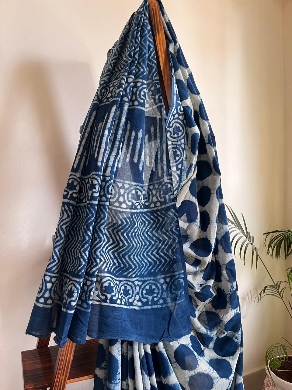 Pure cotton sarees with handblock prints - Indigo