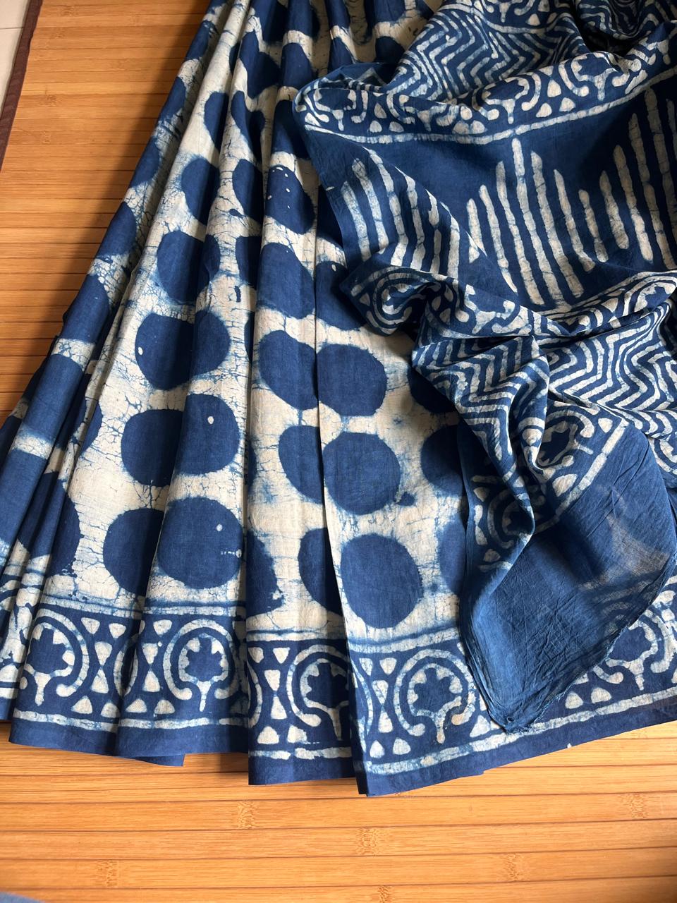 Pure cotton sarees with handblock prints - Indigo