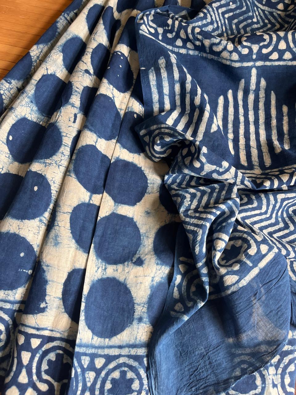 Pure cotton sarees with handblock prints - Indigo