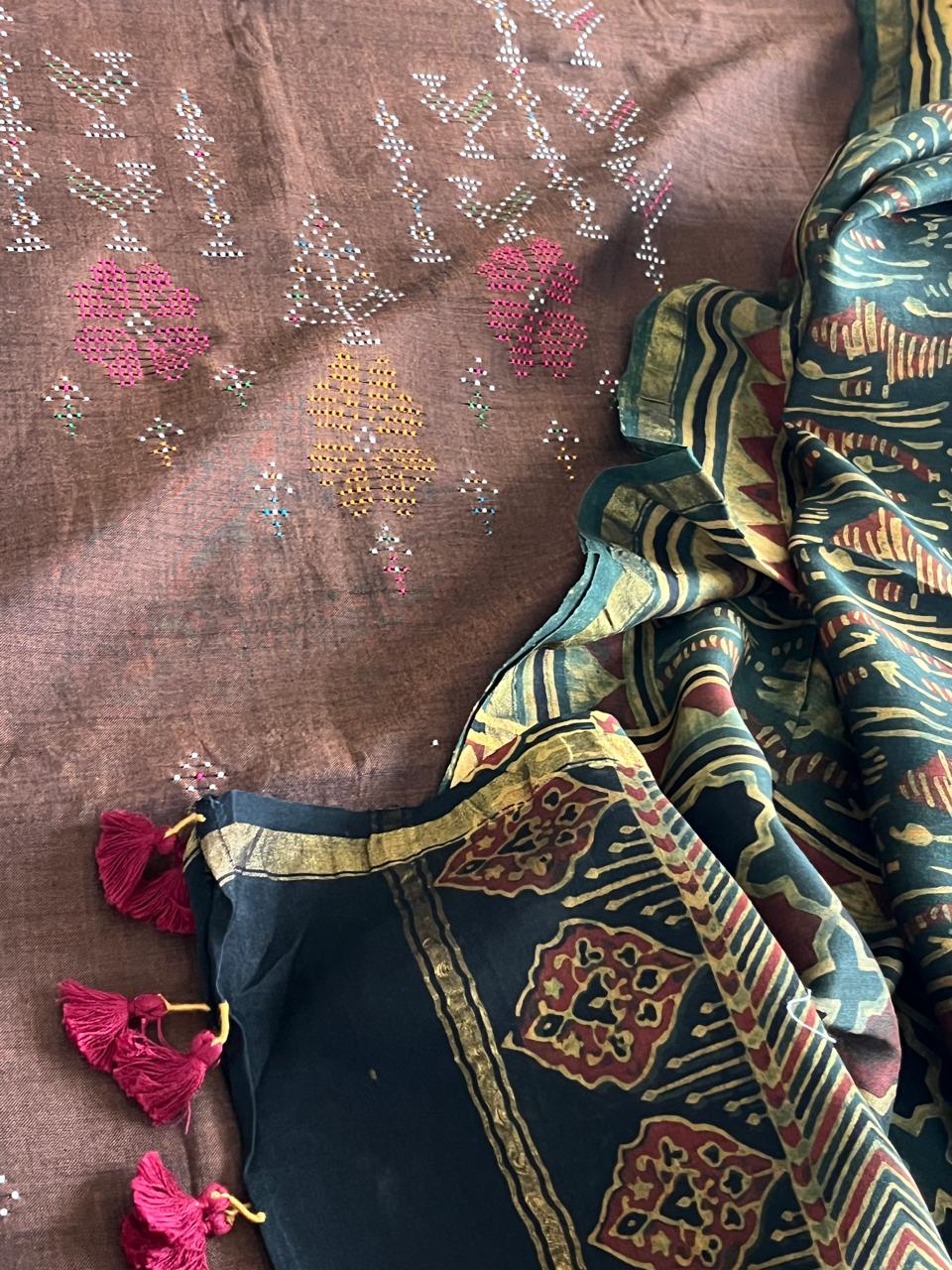 Pure Cotton Tangalia Handwoven Kurta paired with Chanderi Handblock Ajrakh Dupatta - Brown with Green