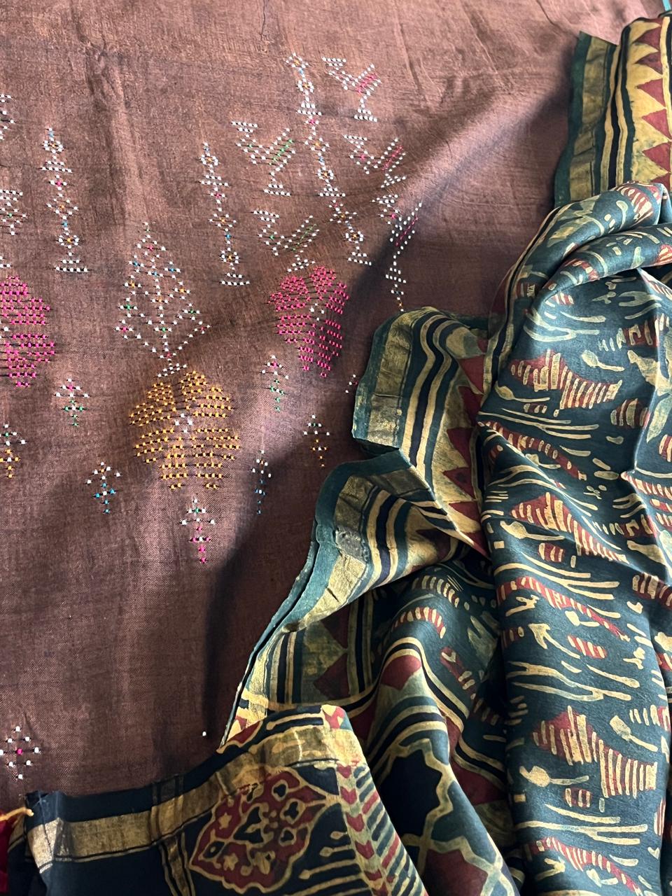 Pure Cotton Tangalia Handwoven Kurta paired with Chanderi Handblock Ajrakh Dupatta - Brown with Green