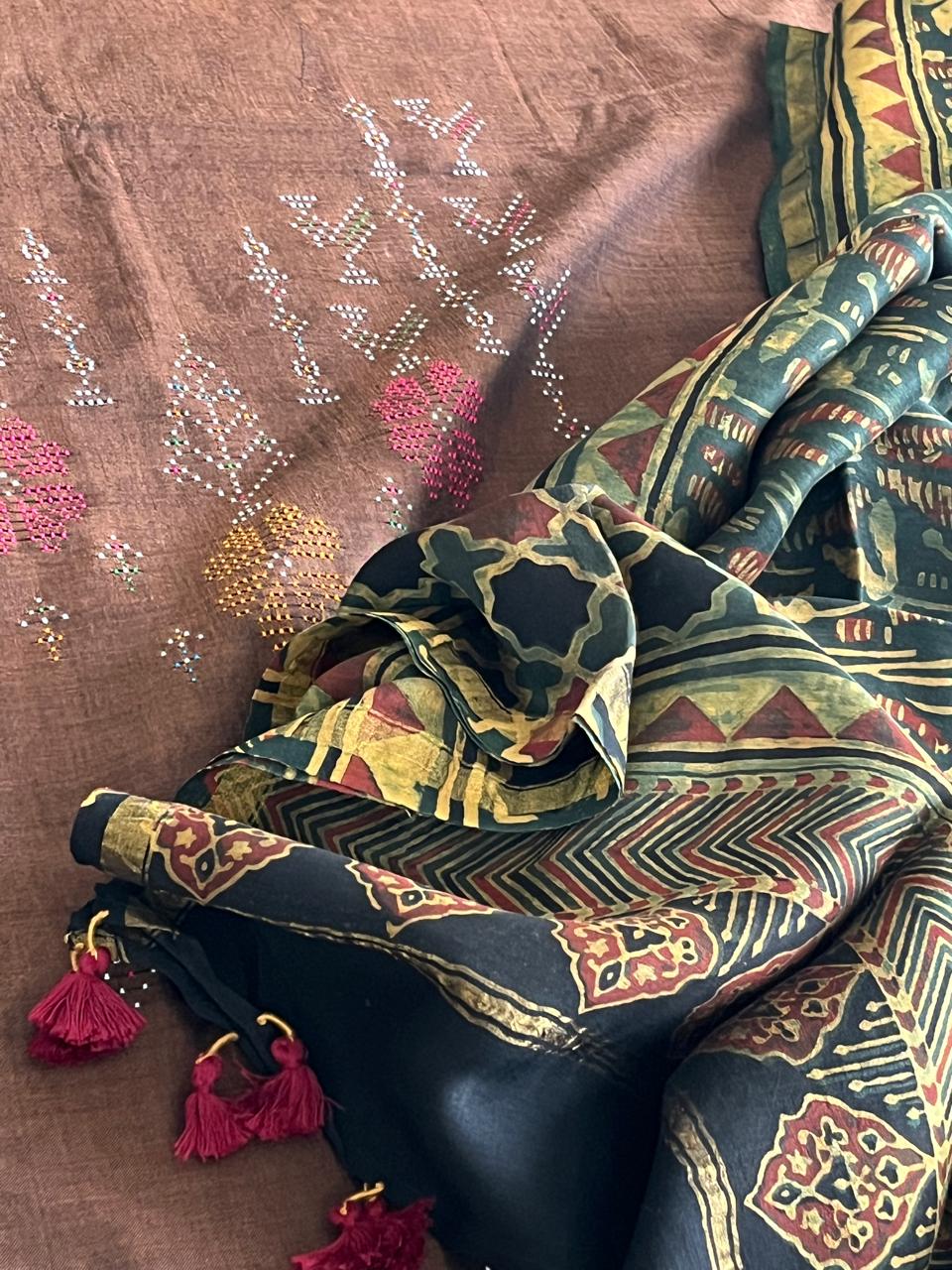 Pure Cotton Tangalia Handwoven Kurta paired with Chanderi Handblock Ajrakh Dupatta - Brown with Green