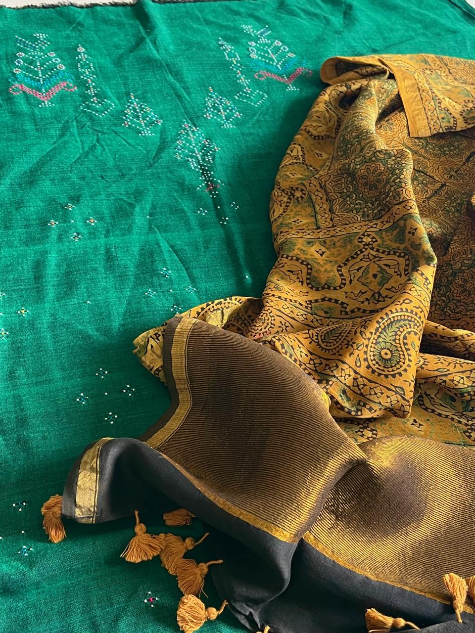 Pure Cotton Tangalia Handwoven Kurta paired with Chanderi Handblock Ajrakh Dupatta - Green with Mustard