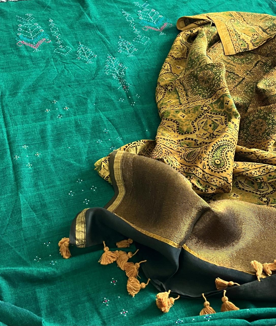 Pure Cotton Tangalia Handwoven Kurta paired with Chanderi Handblock Ajrakh Dupatta - Green with Mustard