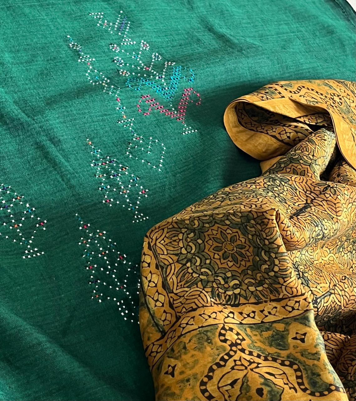 Pure Cotton Tangalia Handwoven Kurta paired with Chanderi Handblock Ajrakh Dupatta - Green with Mustard