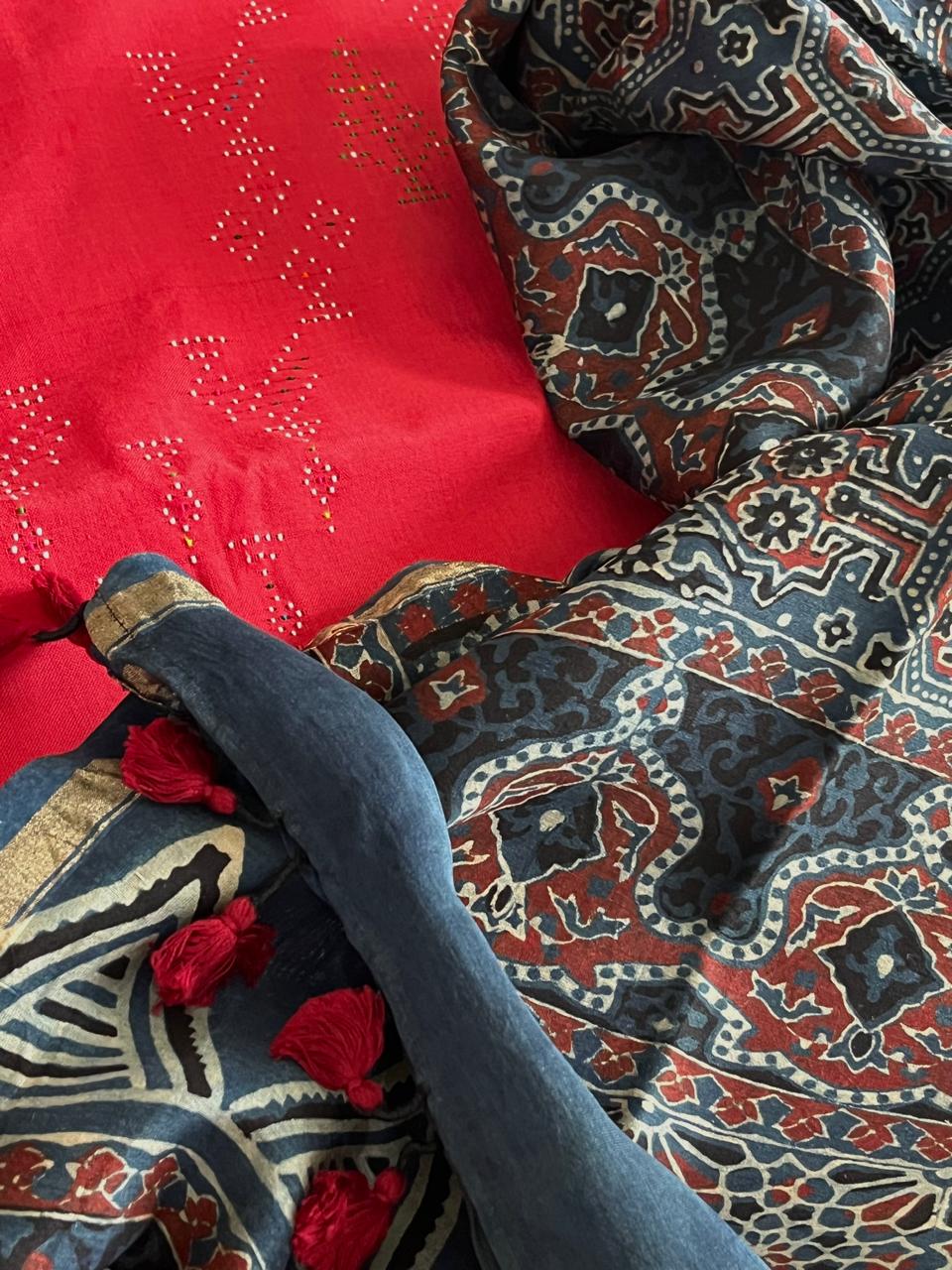 Pure Cotton Tangalia Handwoven Kurta paired with Chanderi Handblock Ajrakh Dupatta - Red with Blue