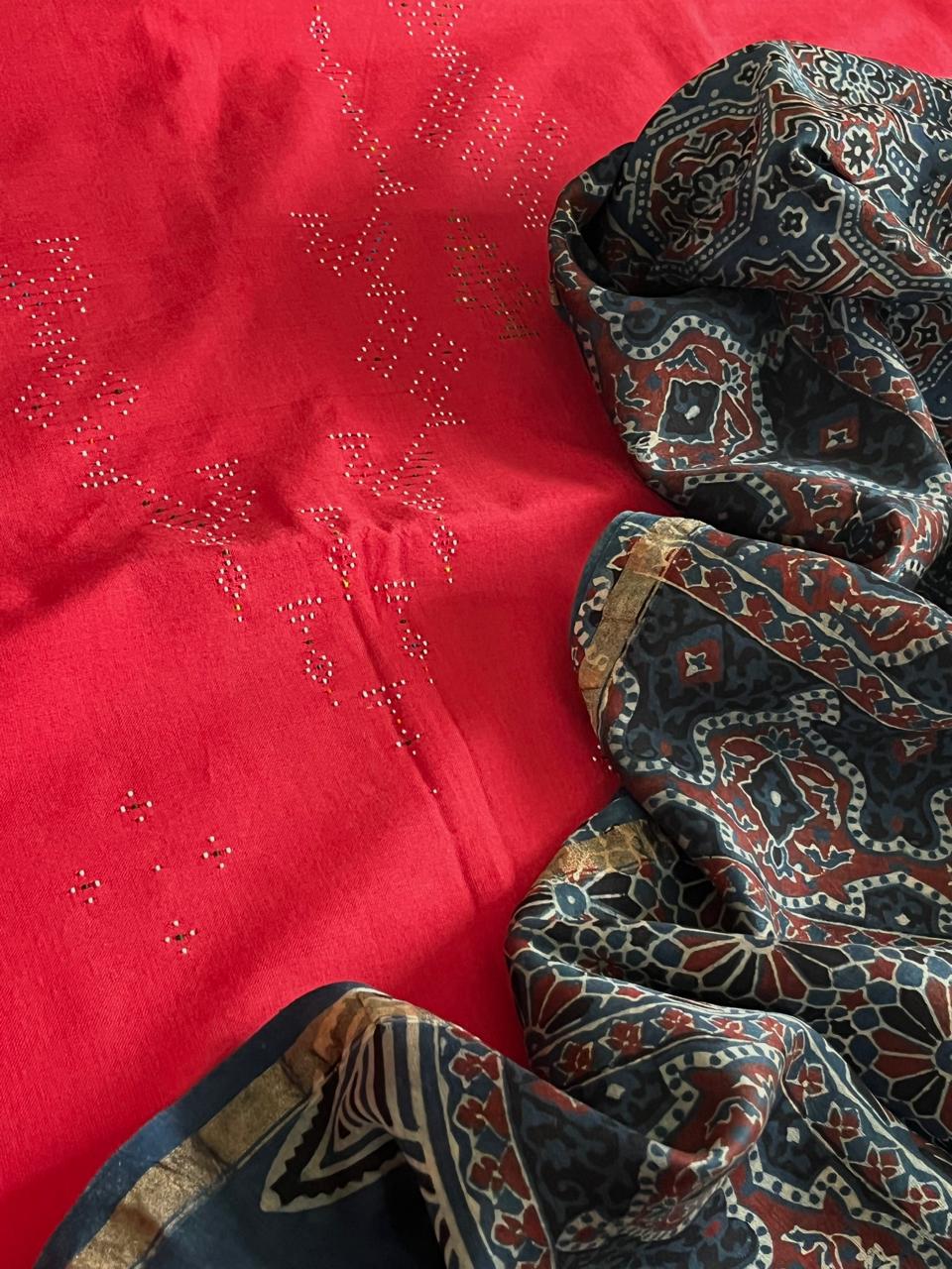 Pure Cotton Tangalia Handwoven Kurta paired with Chanderi Handblock Ajrakh Dupatta - Red with Blue